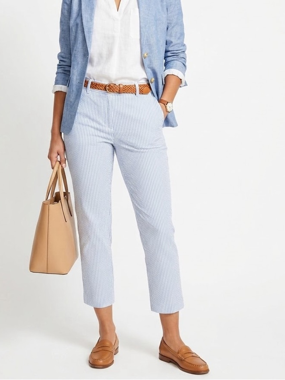 Talbots Perfect Crop Pant 10P Blue White Seersucker Striped Cotton Pants